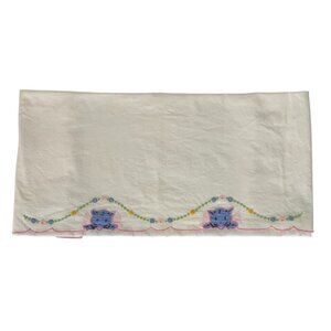 Embroidered Tablecloth Runner Blue Cats Kittens Floral Garland Scalloped Edges
